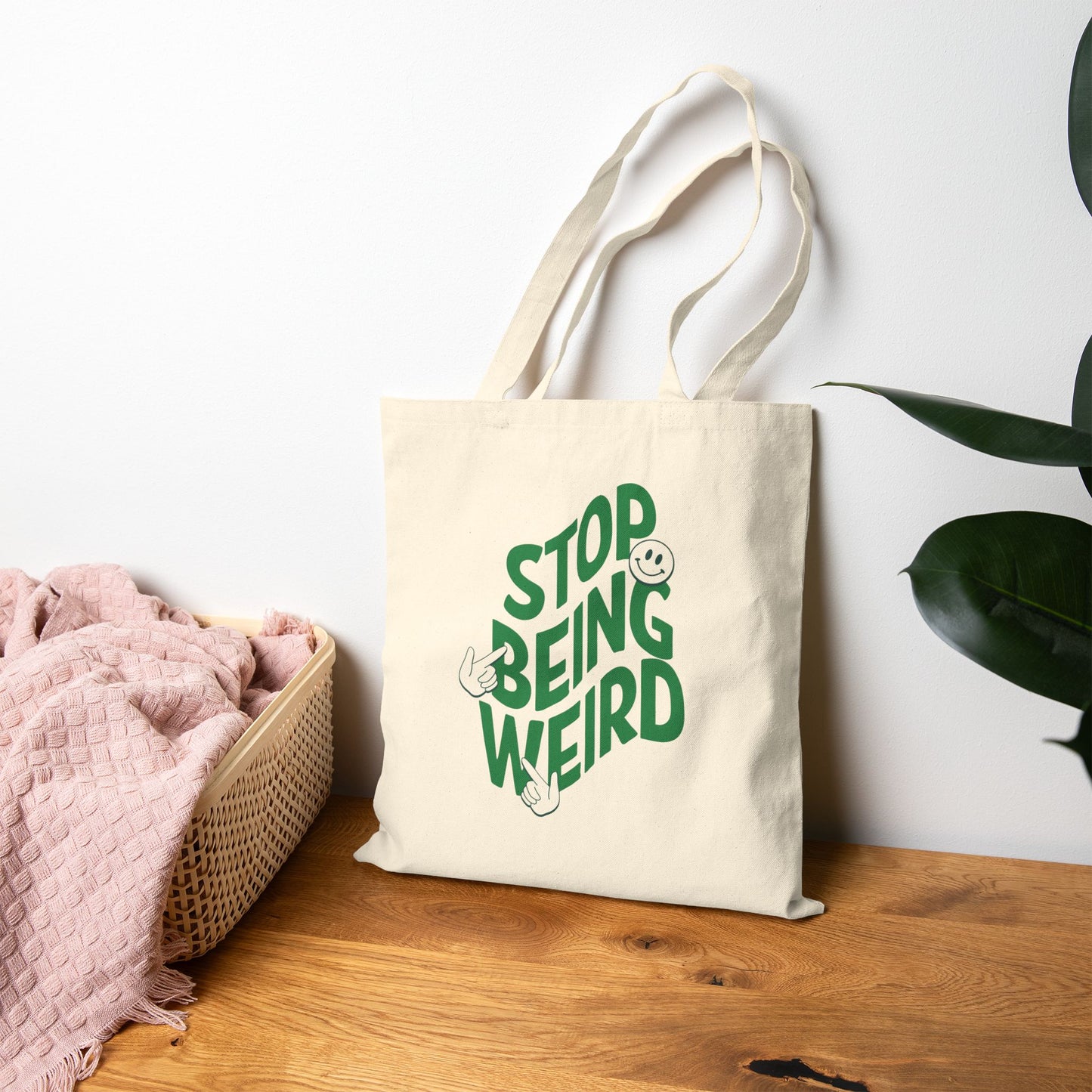 stop being weird cotton tote bag